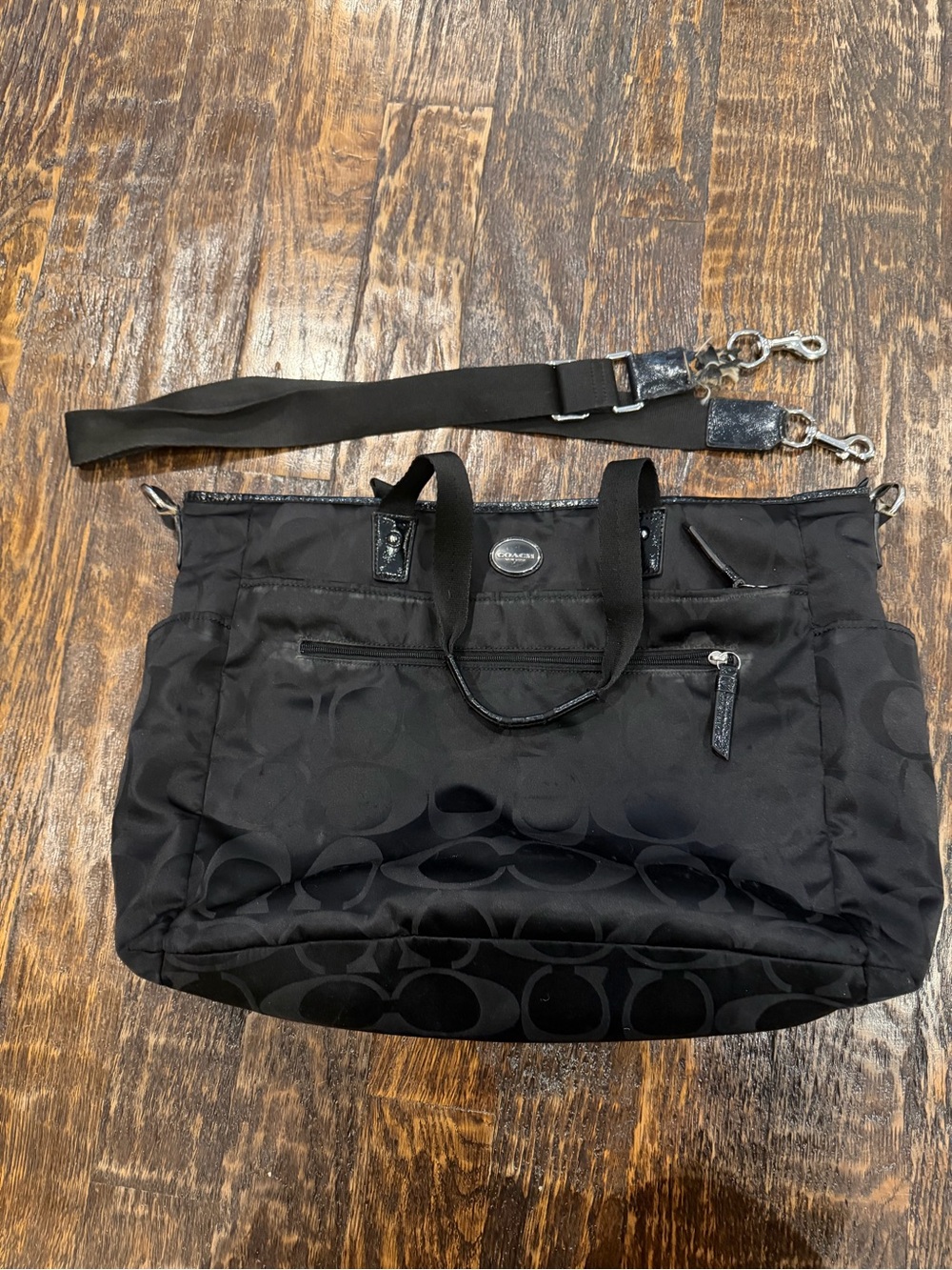Coach Black Signature Nylon Messenger diaper bag Tote with Detachable Strap